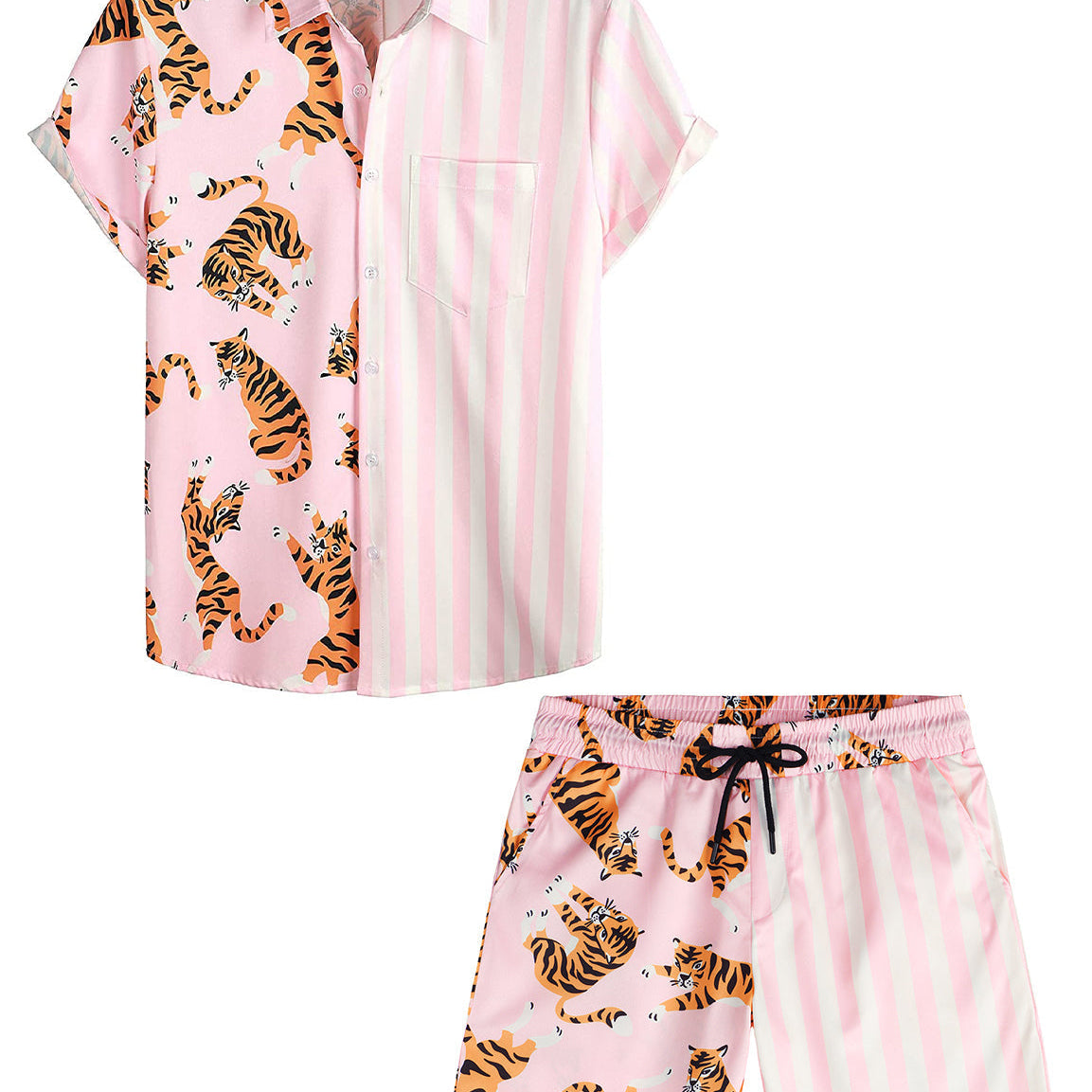 Costume de vacances imprimé flamant rose pour hommes, manches courtes, poche, ensemble chemise et Short assortis