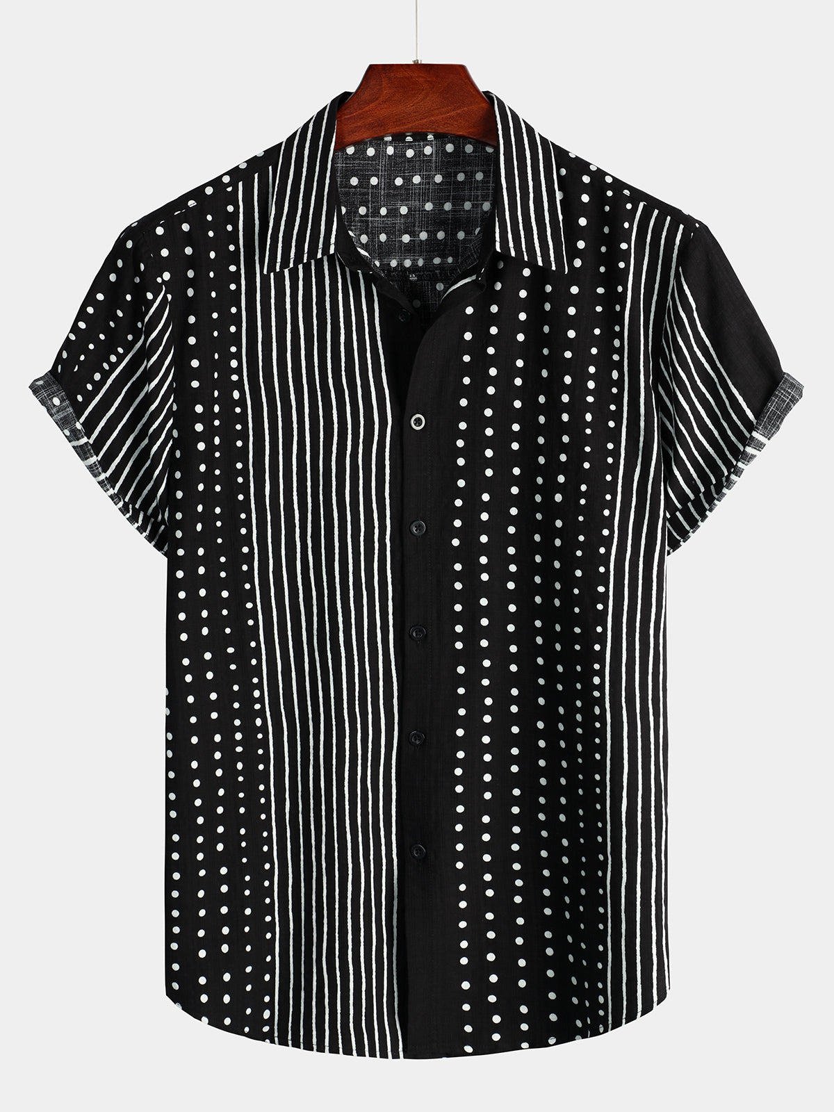 Chemise à manches courtes boutonnée rétro noire à rayures et à pois pour hommes