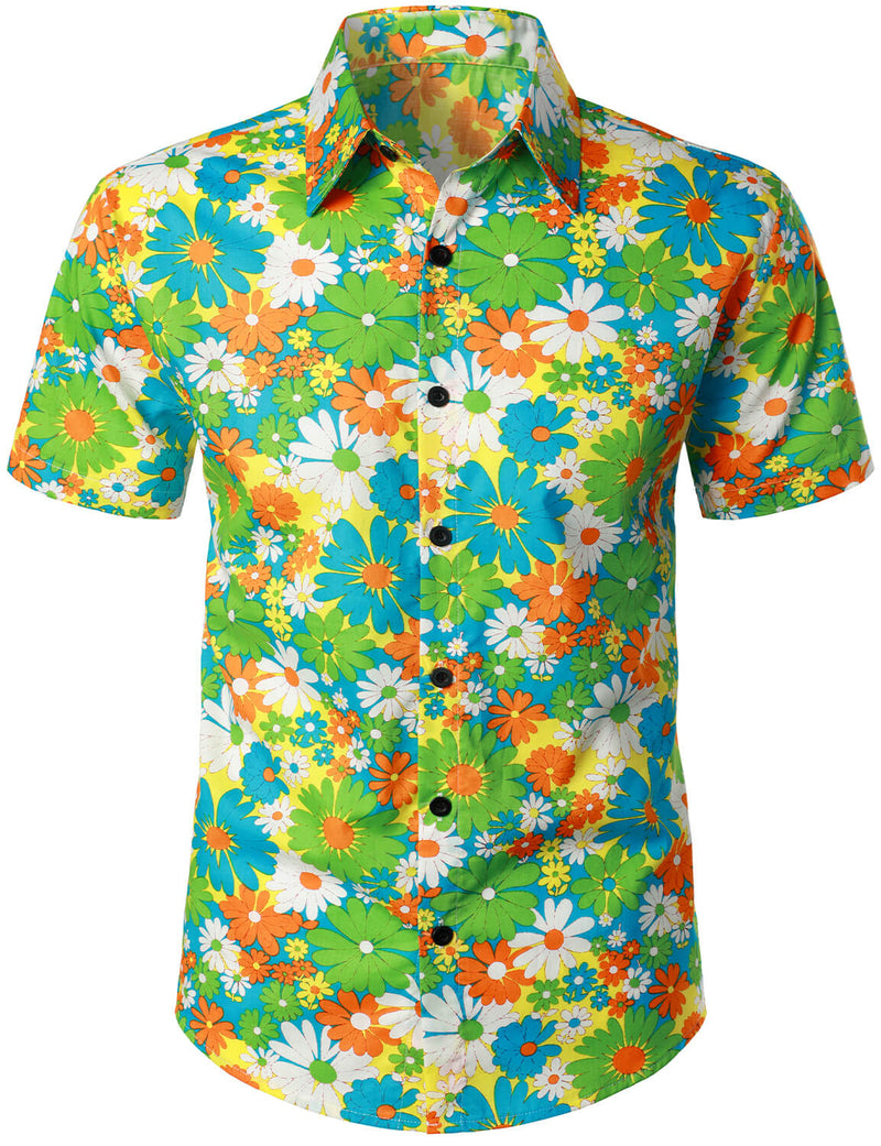 Chemise à manches courtes en coton à motif floral hawaïen mignon pour hommes avec imprimé floral des années 70