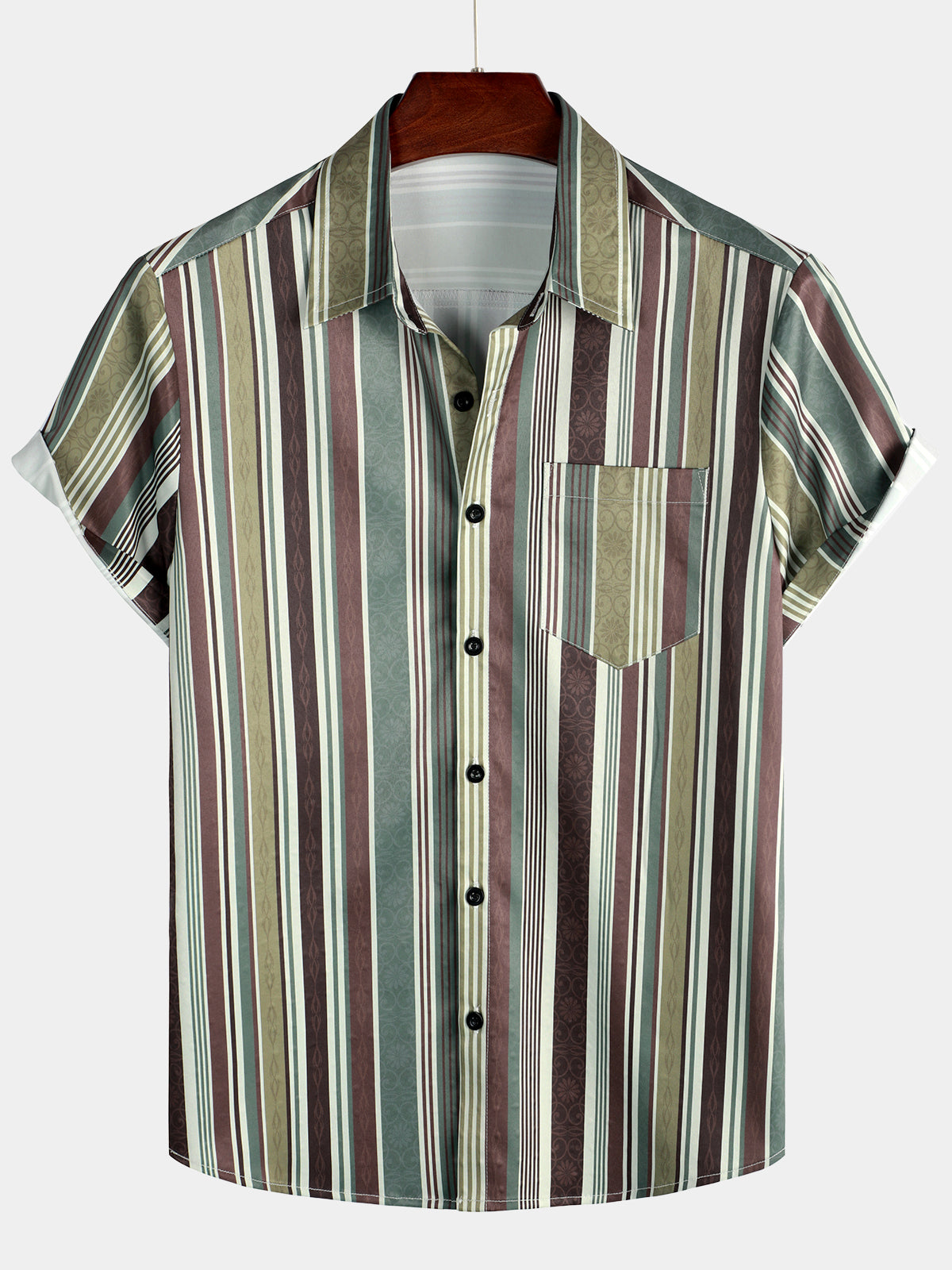 Chemise à manches courtes à rayures verticales vintage pour hommes, vert et marron, avec poche boutonnée