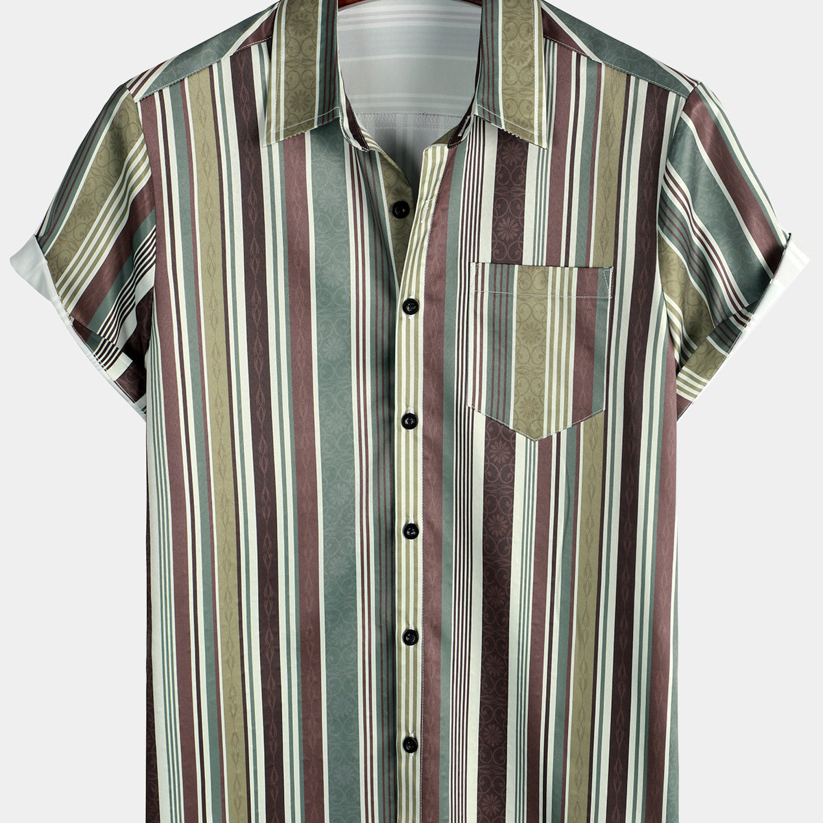 Chemise à manches courtes à rayures verticales vintage pour hommes, vert et marron, avec poche boutonnée