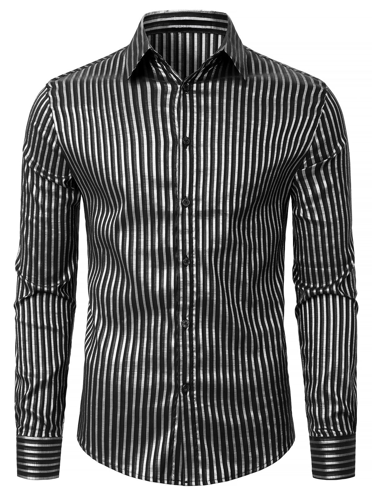 Chemise à manches longues en satin texturé rayé pour homme, coupe slim, sans plis, avec boutons
