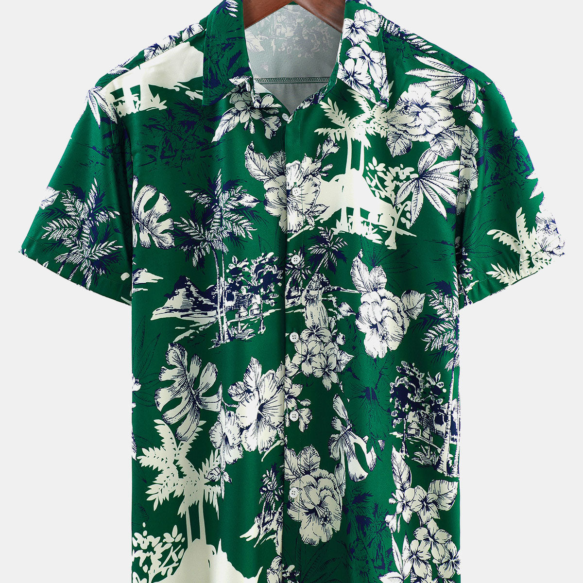 Chemise à manches courtes verte à imprimé tropical pour hommes de vacances hawaïennes