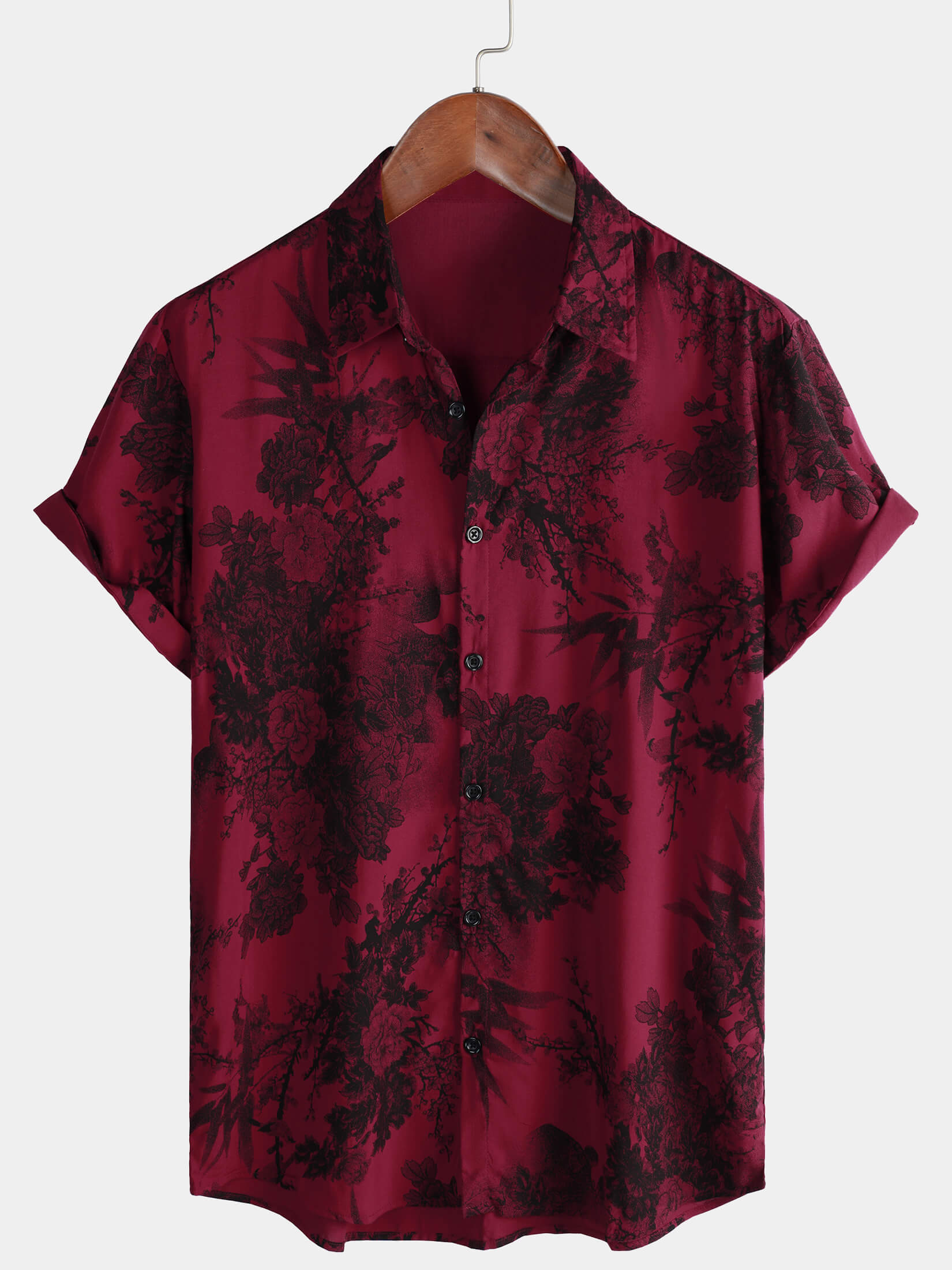 Chemise hawaïenne à manches courtes et boutons respirante pour homme, motif floral vintage rouge, pour les vacances d'été