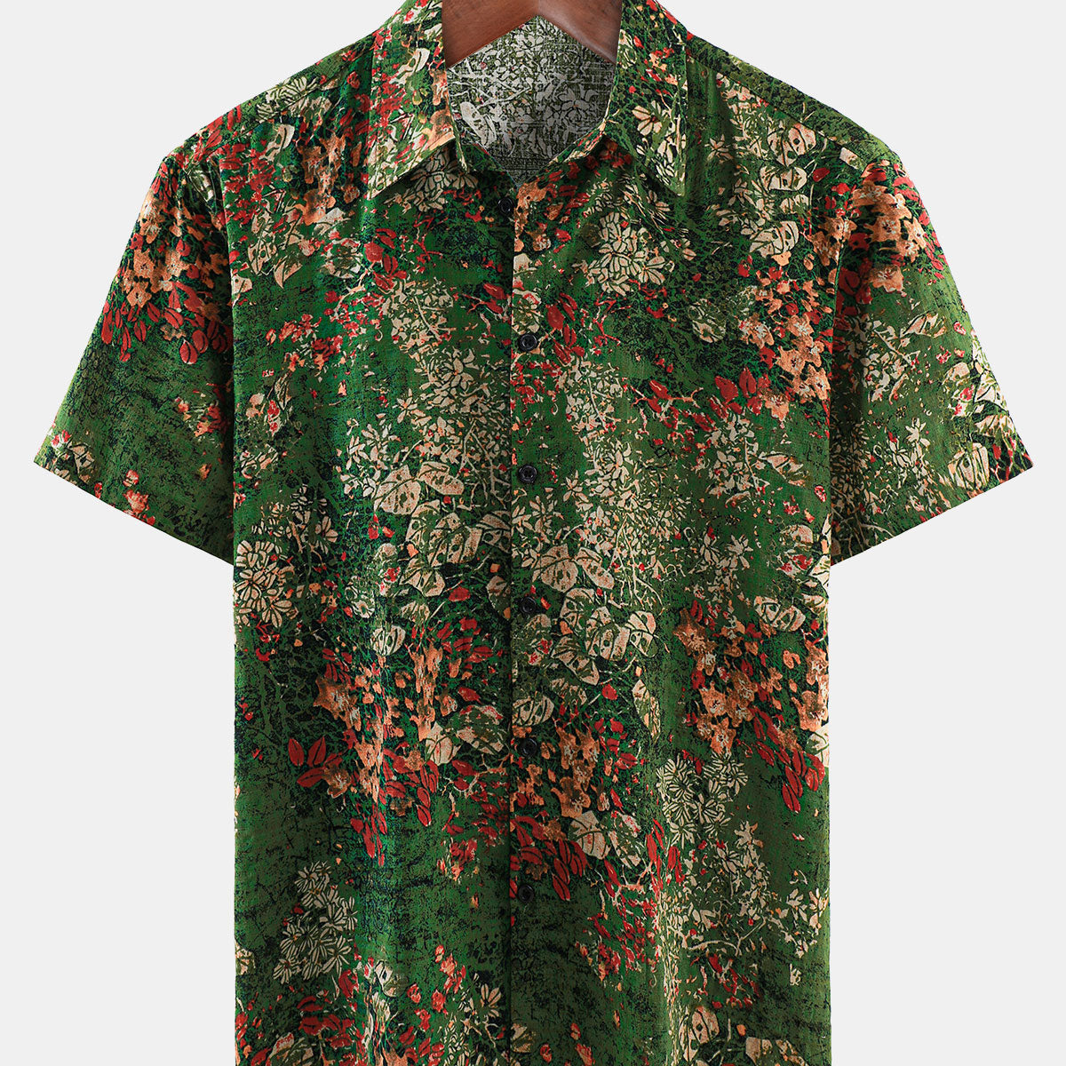 Chemise à manches courtes boutonnée verte en coton rétro de vacances vintage pour hommes