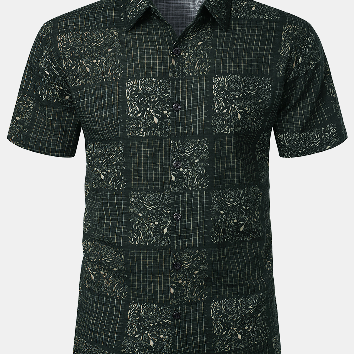 Chemise à manches courtes boutonnée hawaïenne noire vintage patchwork pour hommes