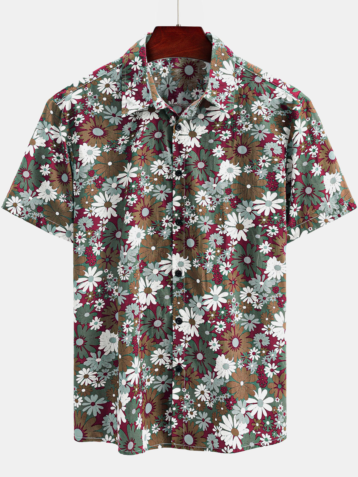 Chemise hawaïenne à manches courtes en coton décontracté à fleurs pour hommes kaki
