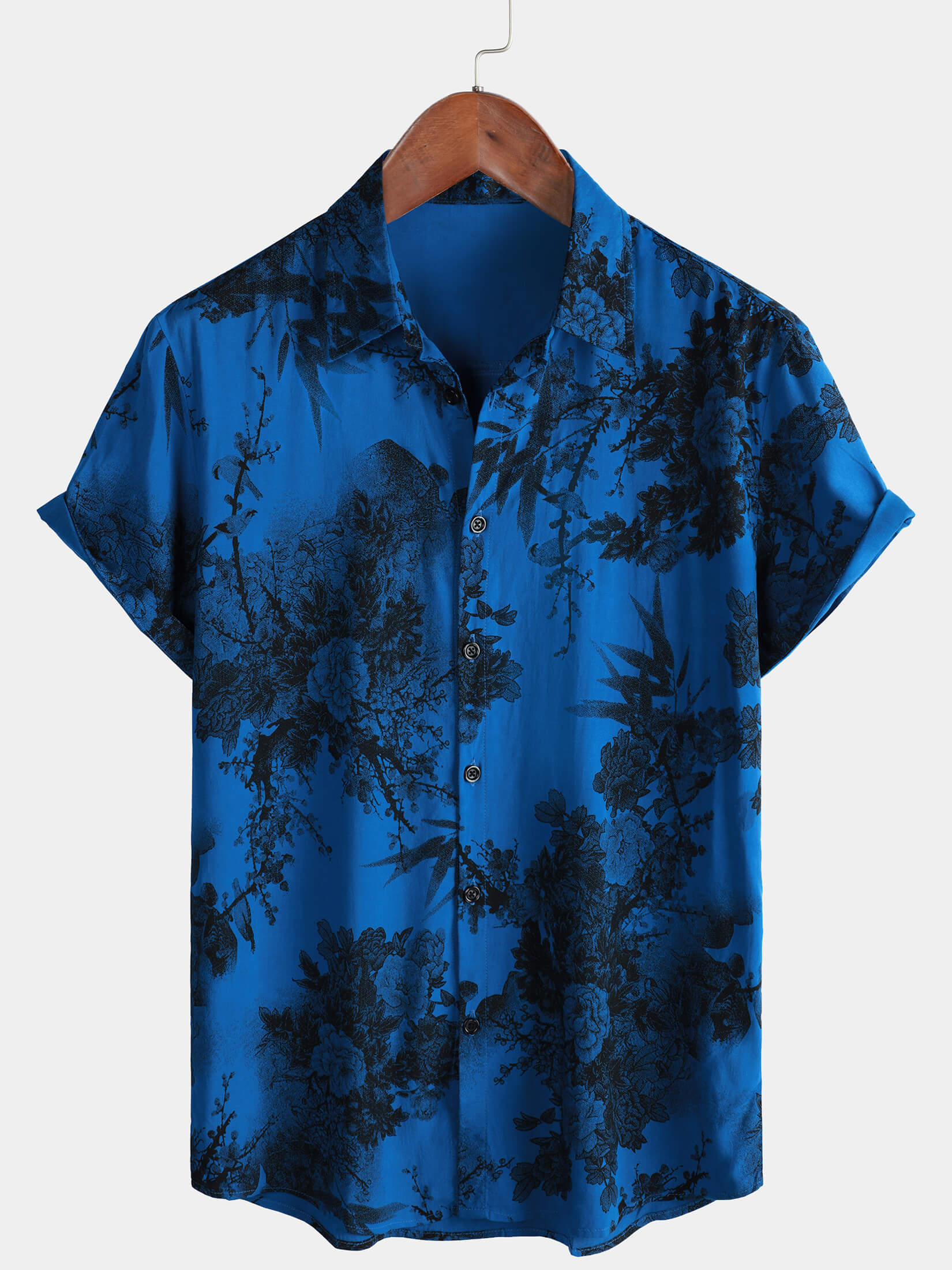 Chemise hawaïenne à manches courtes et boutons respirante pour homme, motif floral vintage bleu, pour les vacances d'été
