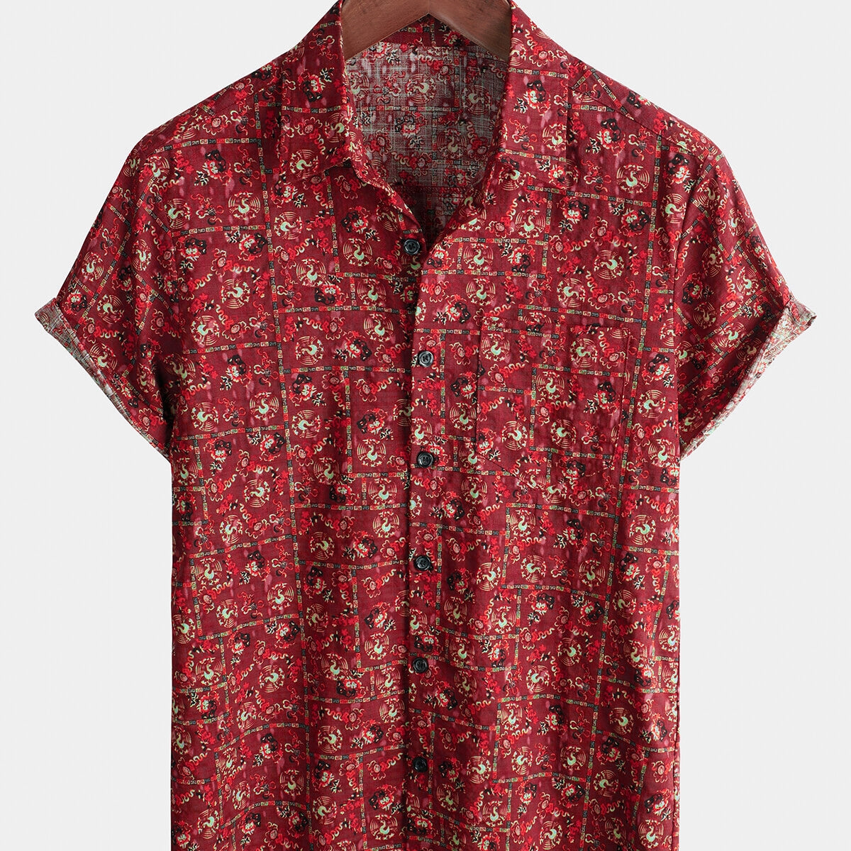 Chemise en coton Boho rétro à manches courtes pour hommes, marron, été des années 70