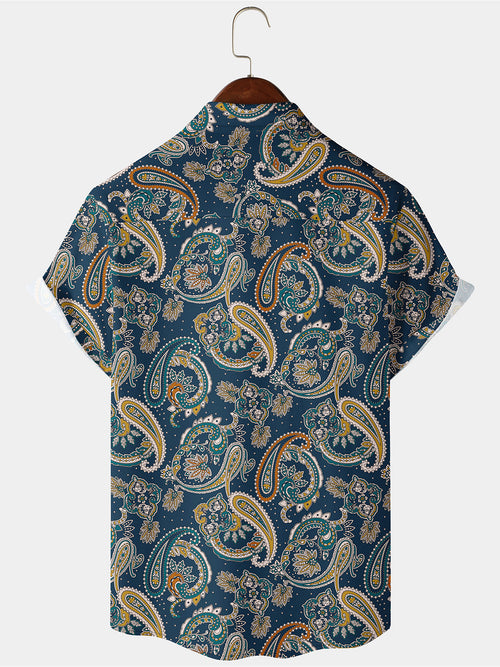 Chemise à manches courtes bleu marine à imprimé cachemire décontracté pour hommes