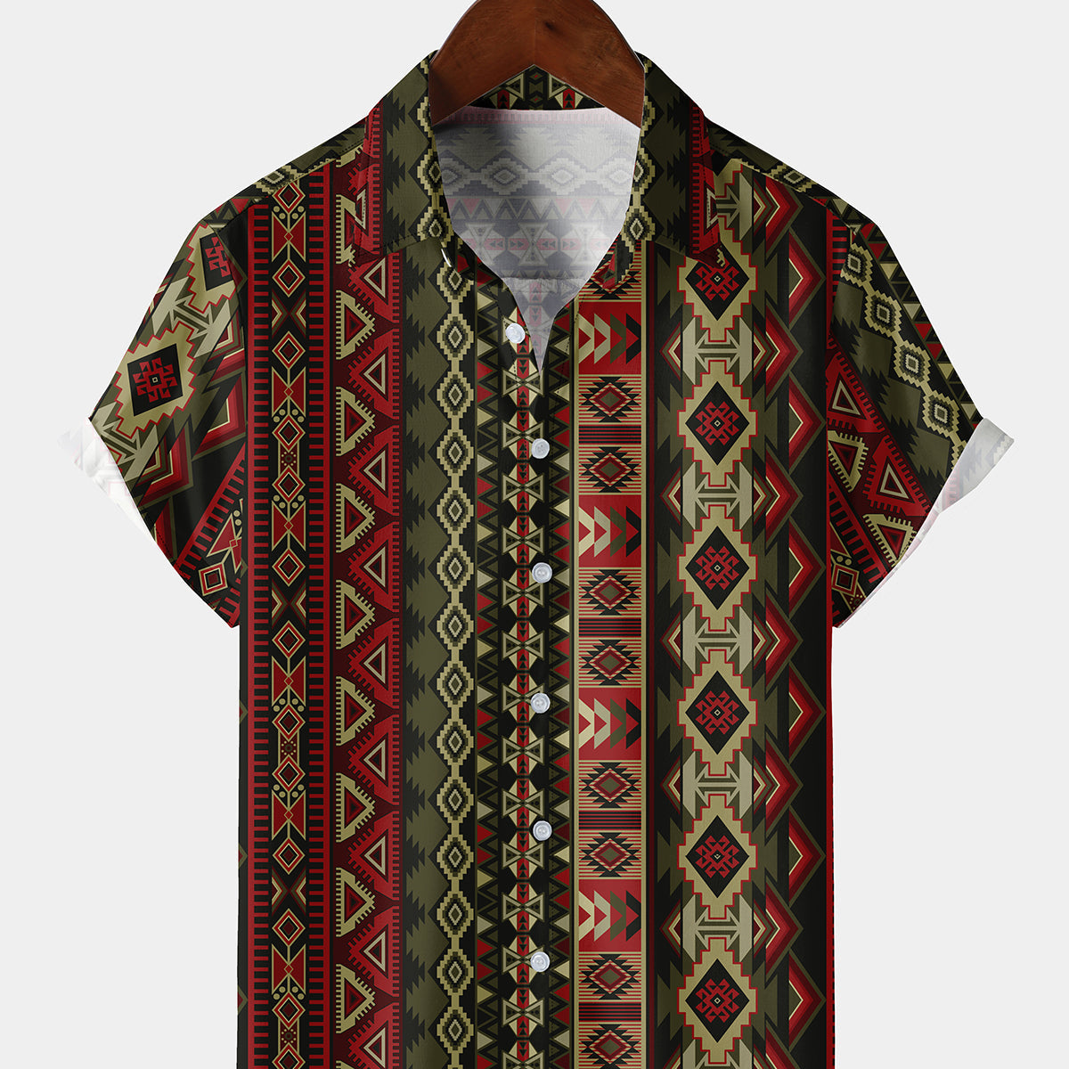 Chemise à manches courtes à imprimé aztèque rétro occidental à rayures vertes et rouges pour hommes