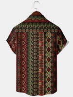 Chemise à manches courtes à imprimé aztèque rétro occidental à rayures vertes et rouges pour hommes