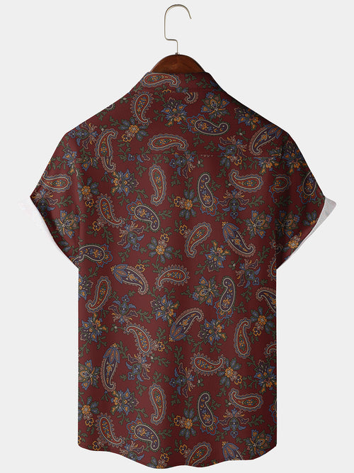 Chemise d'été boutonnée bordeaux à manches courtes pour homme rouge Paisley
