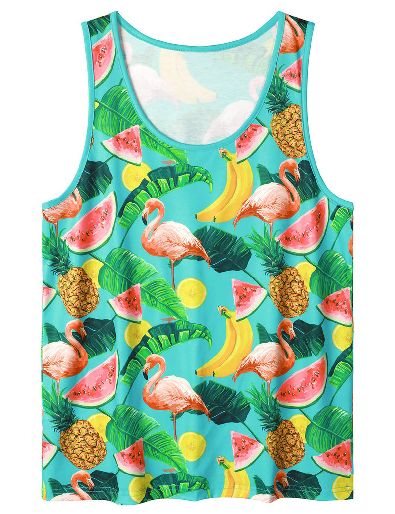 Chemise hawaïenne sans manches flamant rose et fruits pour hommes Débardeurs de vacances d'été