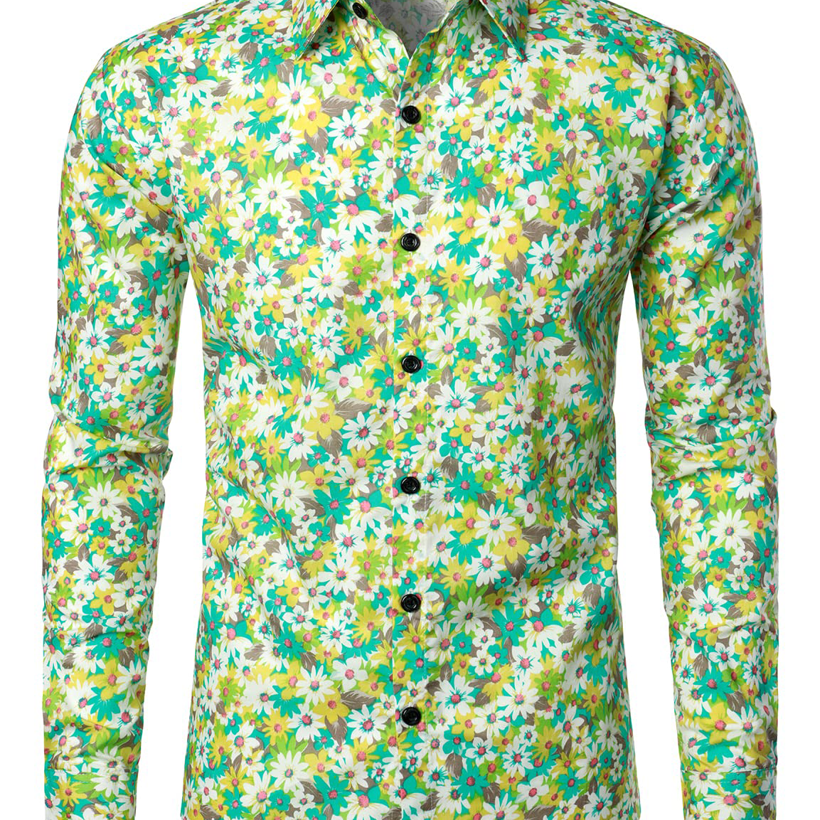 Chemise habillée à manches longues en coton à fleurs vintage vert marguerite pour hommes