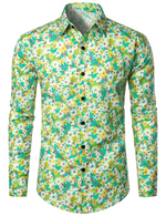 Chemise habillée à manches longues en coton à fleurs vintage vert marguerite pour hommes