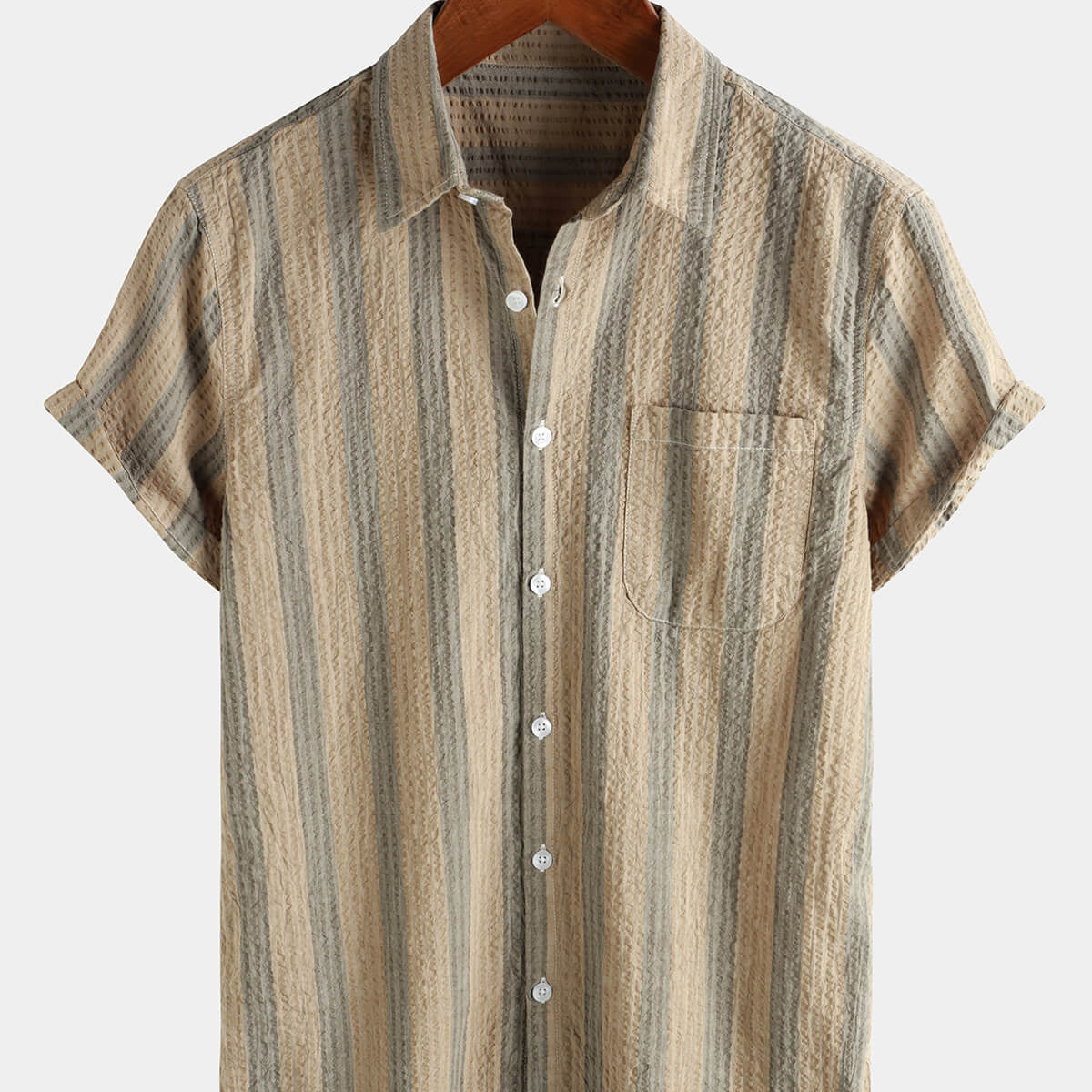 Chemise à manches courtes boutonnée pour hommes en coton rayé avec poche décontractée pour vacances hawaïennes