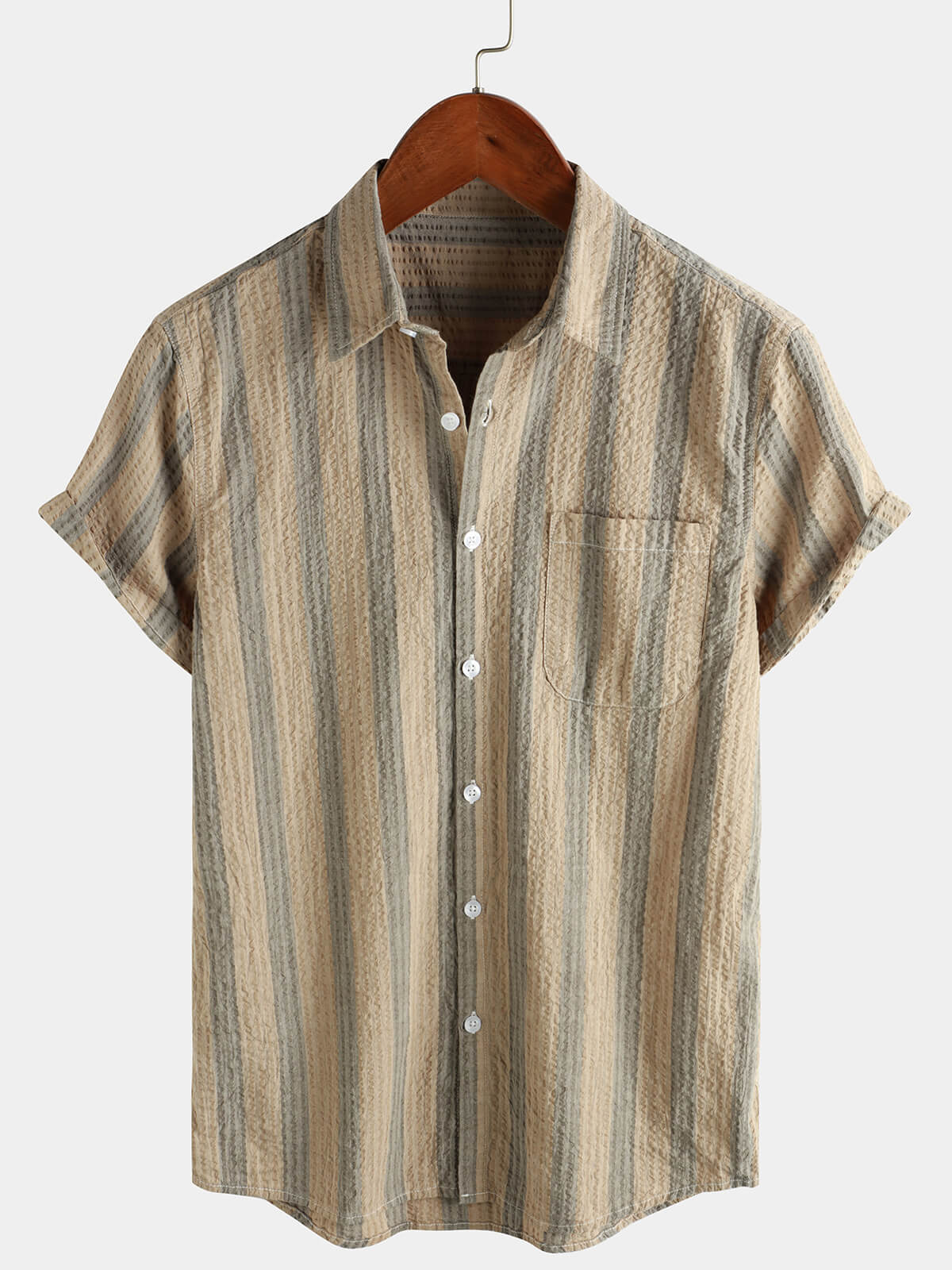 Chemise à manches courtes boutonnée pour hommes en coton rayé avec poche décontractée pour vacances hawaïennes