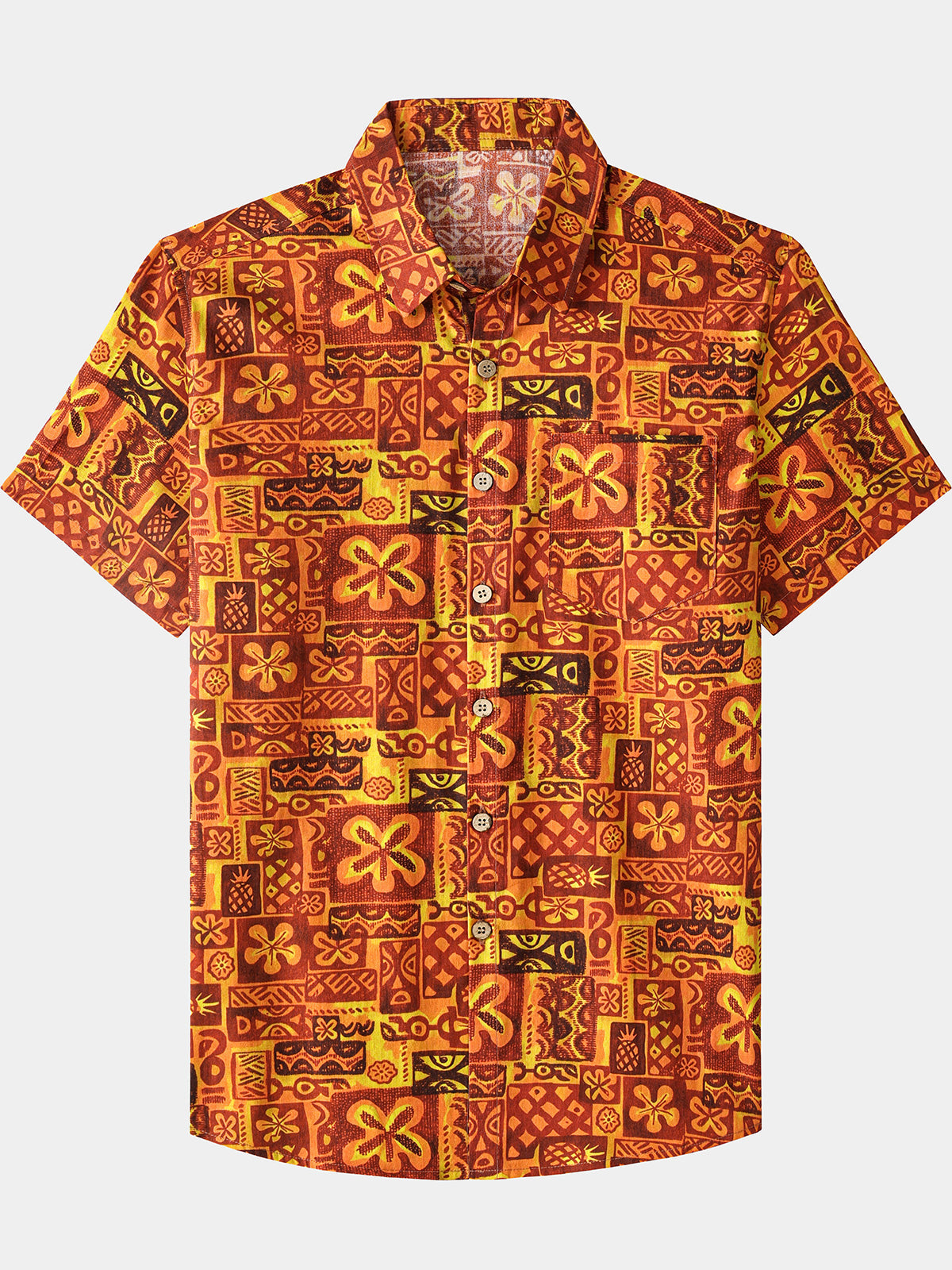 Chemise Homme Motif Floral Orange Vintage