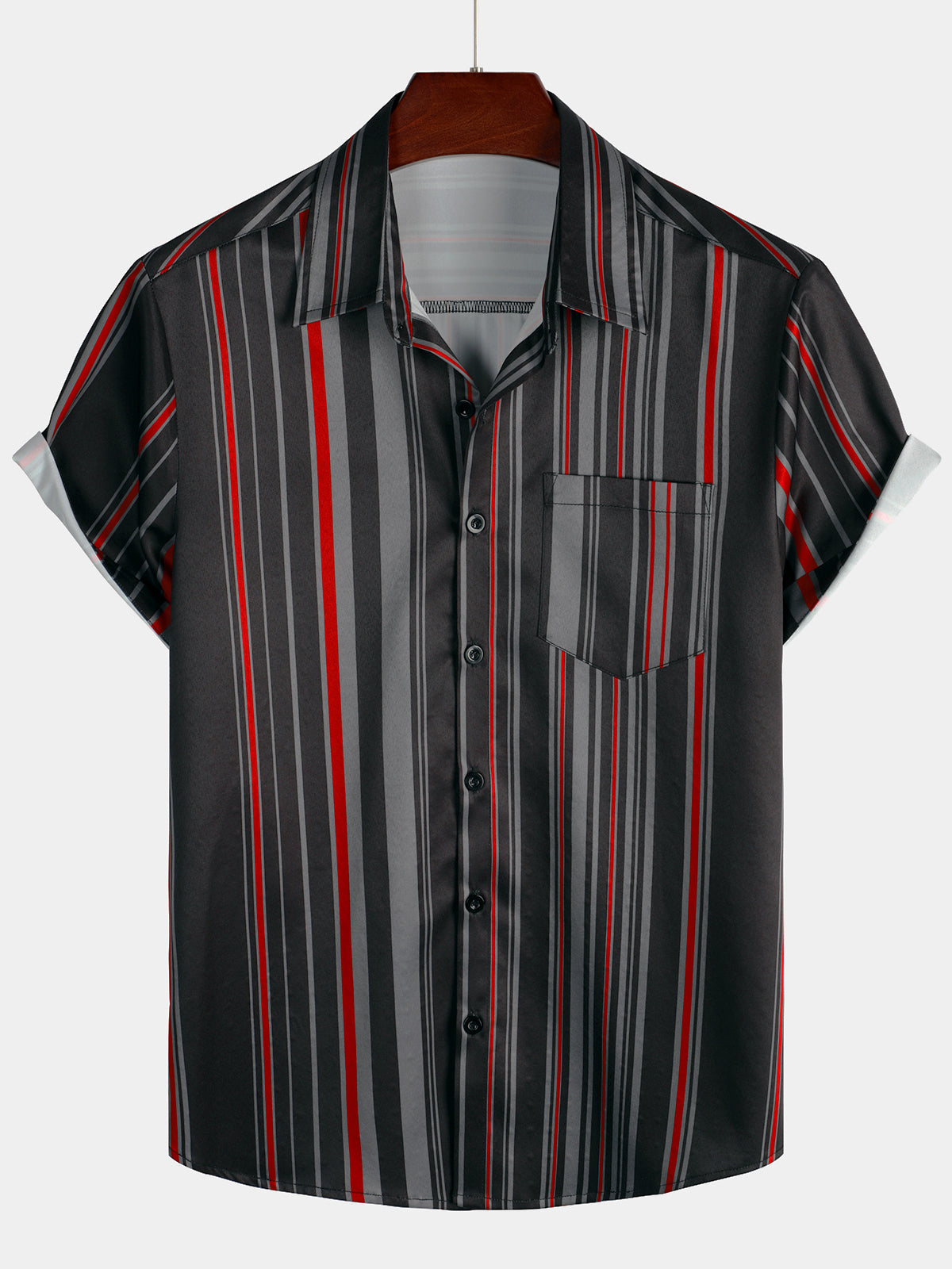 Chemise rétro à manches courtes pour hommes, avec poches à rayures verticales, noir et rouge, Vintage des années 70
