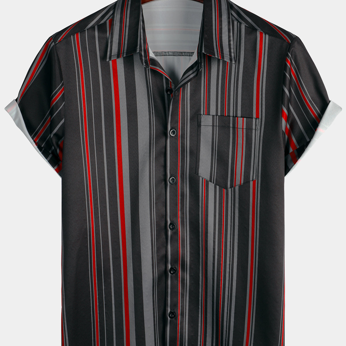Chemise rétro à manches courtes pour hommes, avec poches à rayures verticales, noir et rouge, Vintage des années 70
