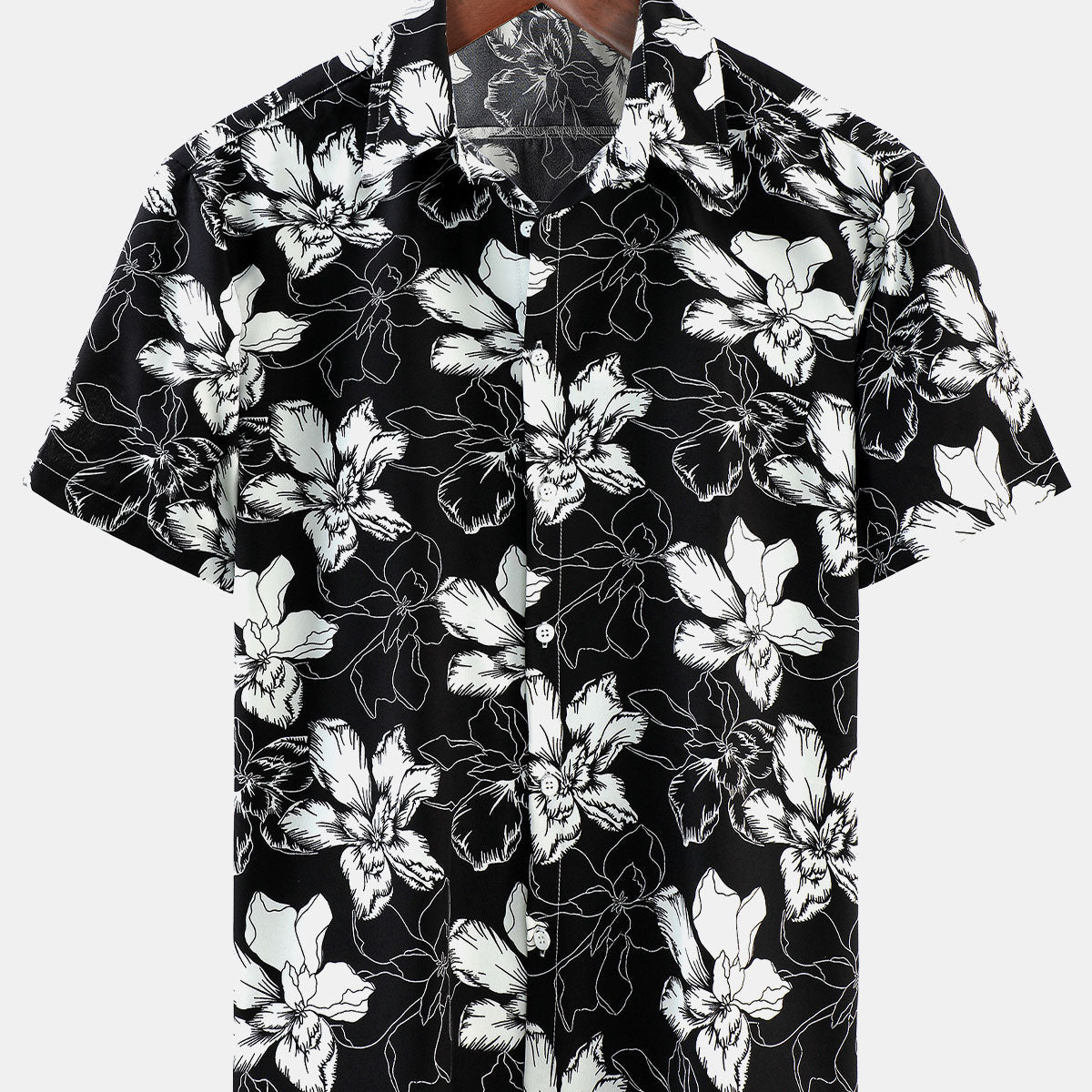 Chemise hawaïenne noire à manches courtes pour hommes, vacances d'été florales