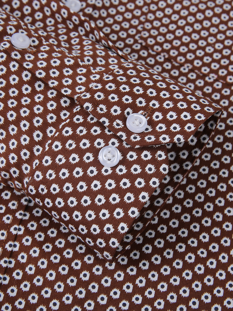 Chemise habillée à manches longues vintage marron à imprimé décontracté pour hommes