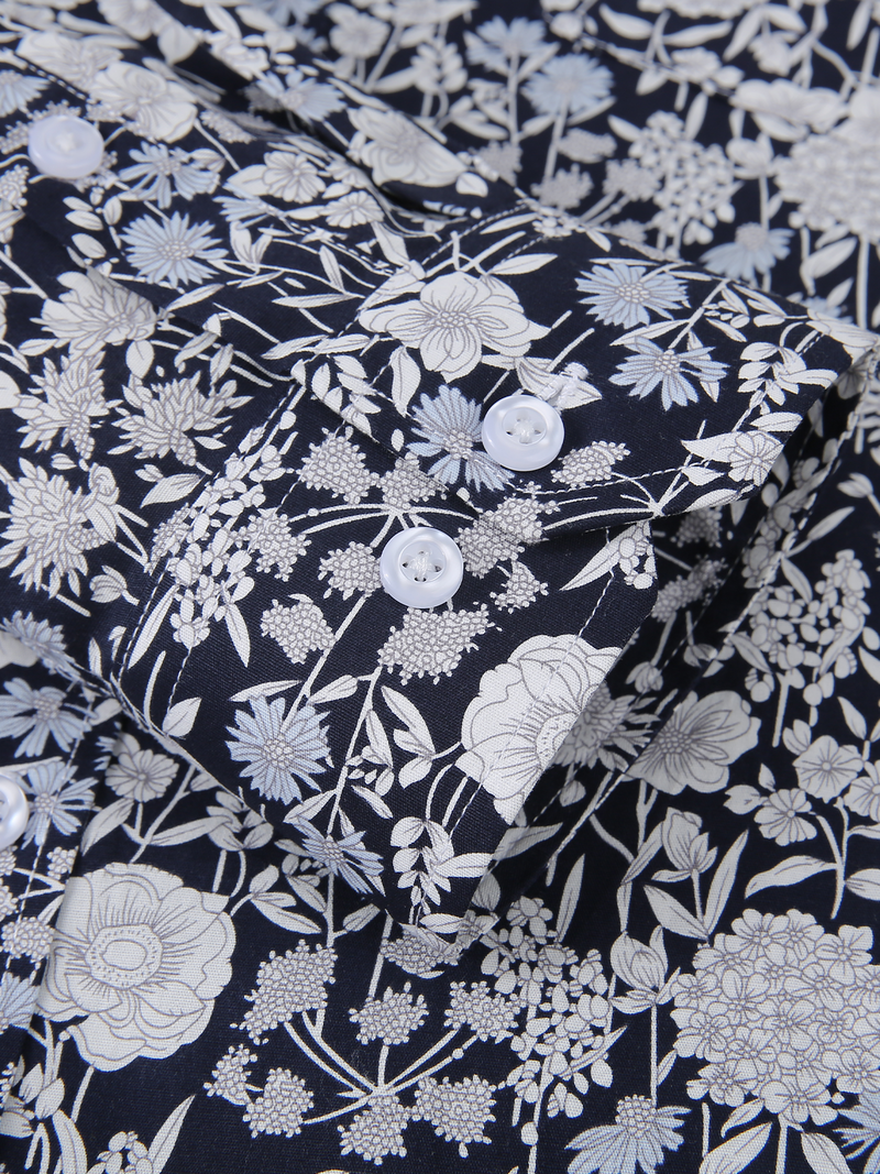 Chemise de ville noire à manches longues décontractée à imprimé floral vintage pour hommes