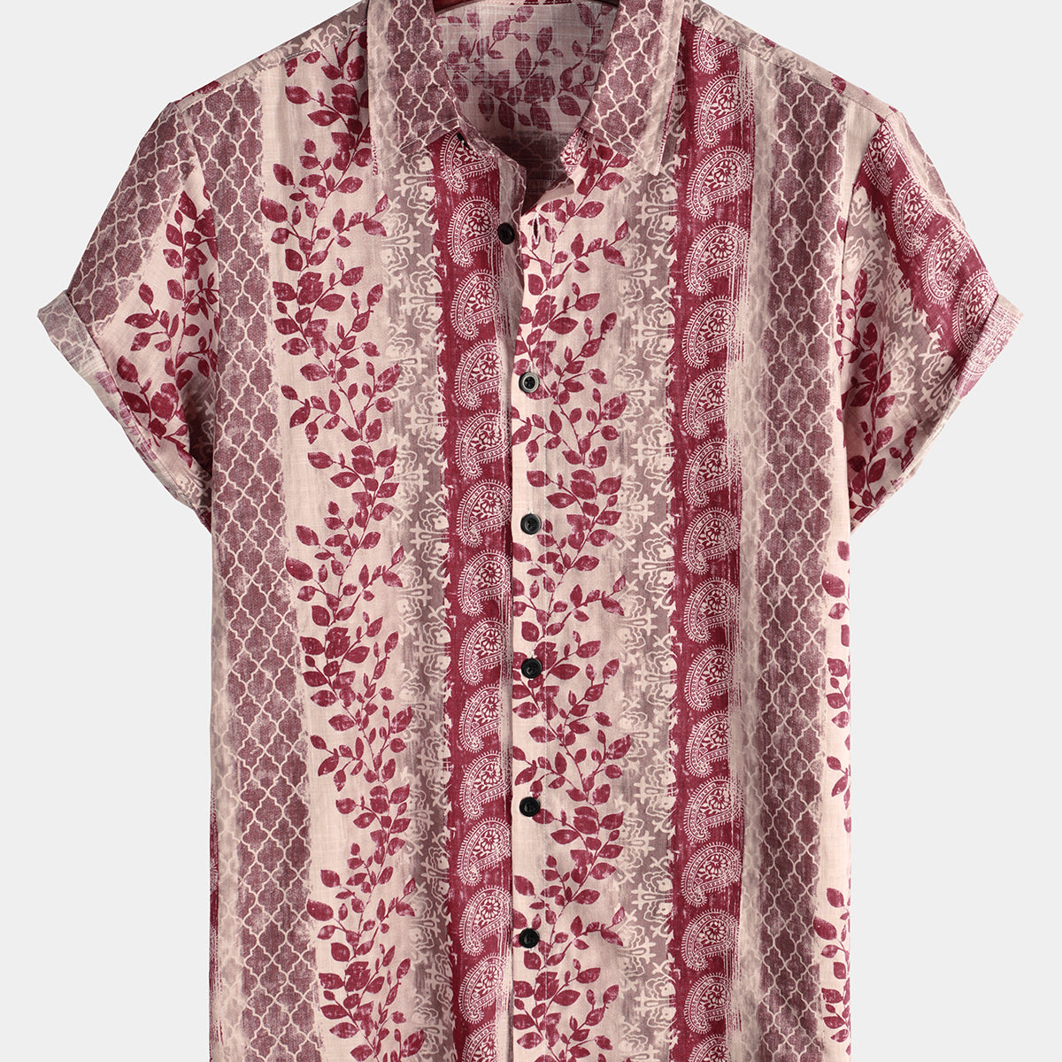 Chemise à manches courtes rose boutonnée à rayures florales vintage pour hommes