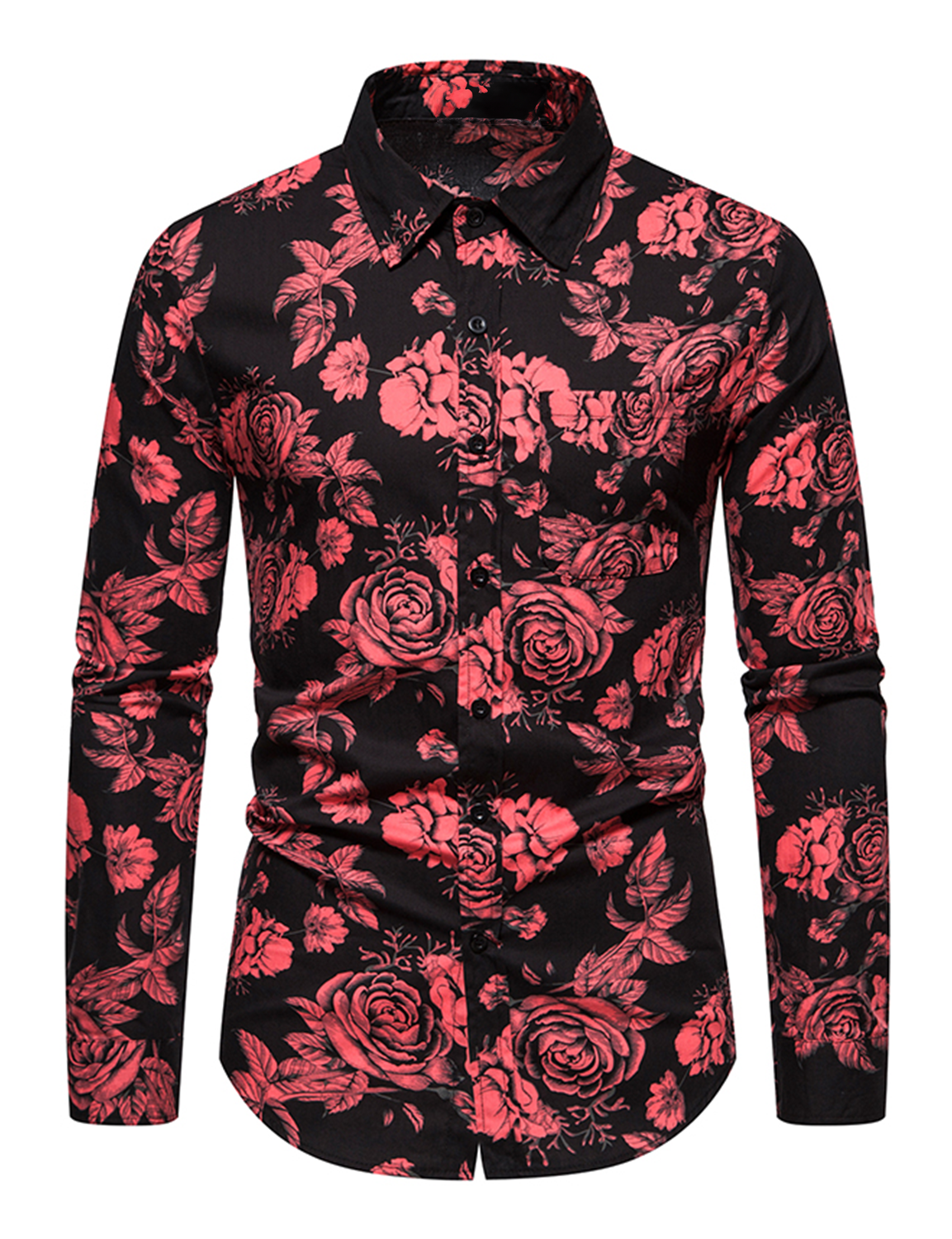 Chemise à manches longues boutonnée rétro à fleurs roses 100 % coton pour hommes