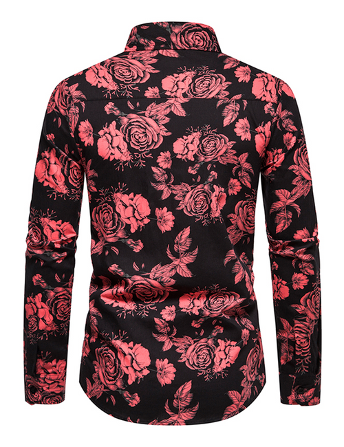 Chemise à manches longues boutonnée rétro à fleurs roses 100 % coton pour hommes