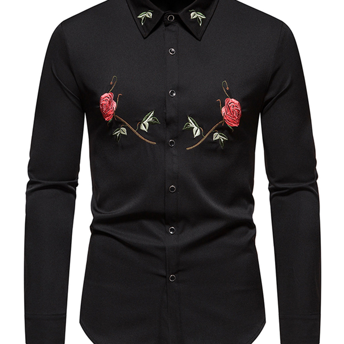 Chemise habillée à manches longues boutonnée à fleurs brodées de roses pour hommes