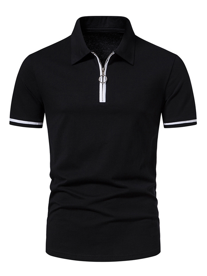 Polo de sport à manches courtes en coton à fermeture éclair pour hommes de couleur unie