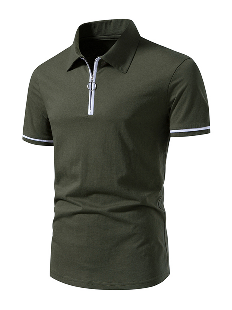 Polo de sport à manches courtes en coton à fermeture éclair pour hommes de couleur unie