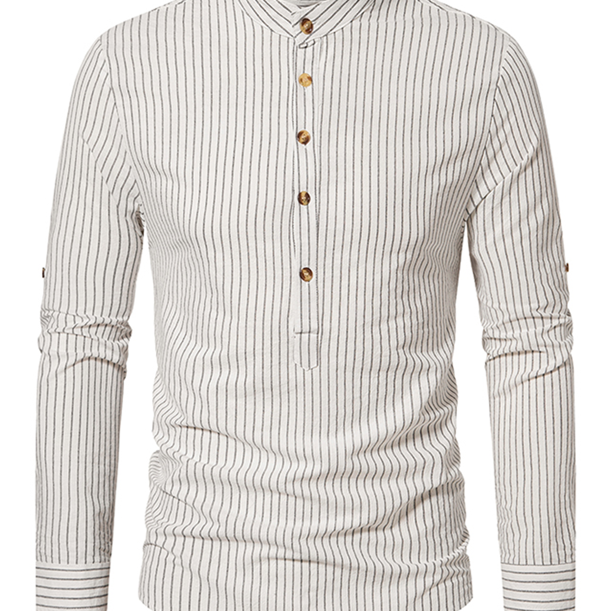 Chemise à manches longues 100 % coton à rayures verticales à col Henley pour hommes