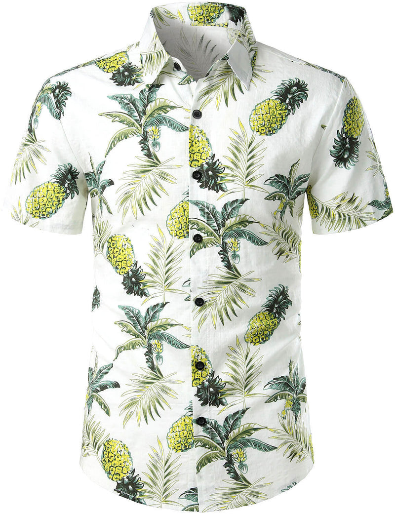 Chemise d'été à manches courtes en coton imprimé hawaïen à fleurs ananas et fruits tropicaux pour hommes