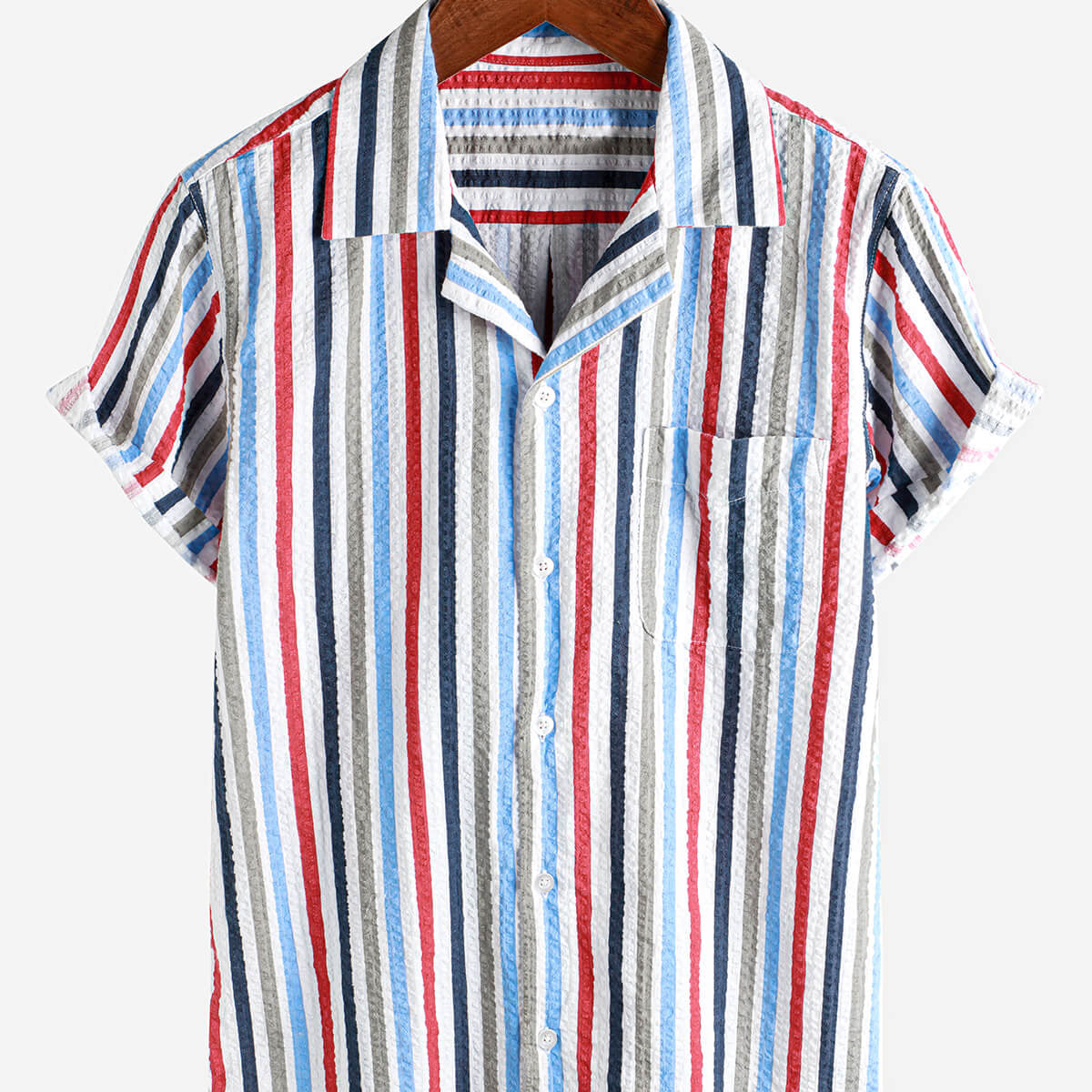 Chemise décontractée à manches courtes pour hommes, 100% coton, avec poche rayée, vacances hawaïennes, boutonnée