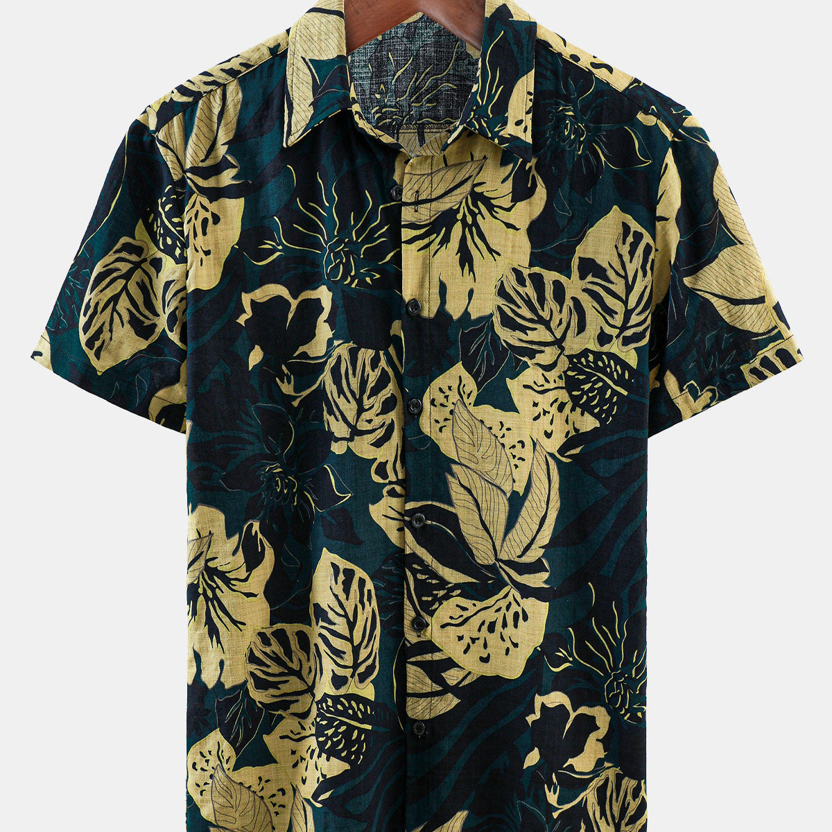 Chemise à revers à manches courtes pour hommes, Vintage, imprimé feuilles florales, poche, été