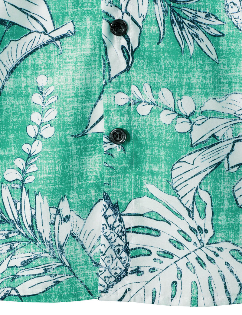 Homme Plage Tropical Ananas Imprimé Poche Cool Manches Courtes Chemise Hawaïenne Verte
