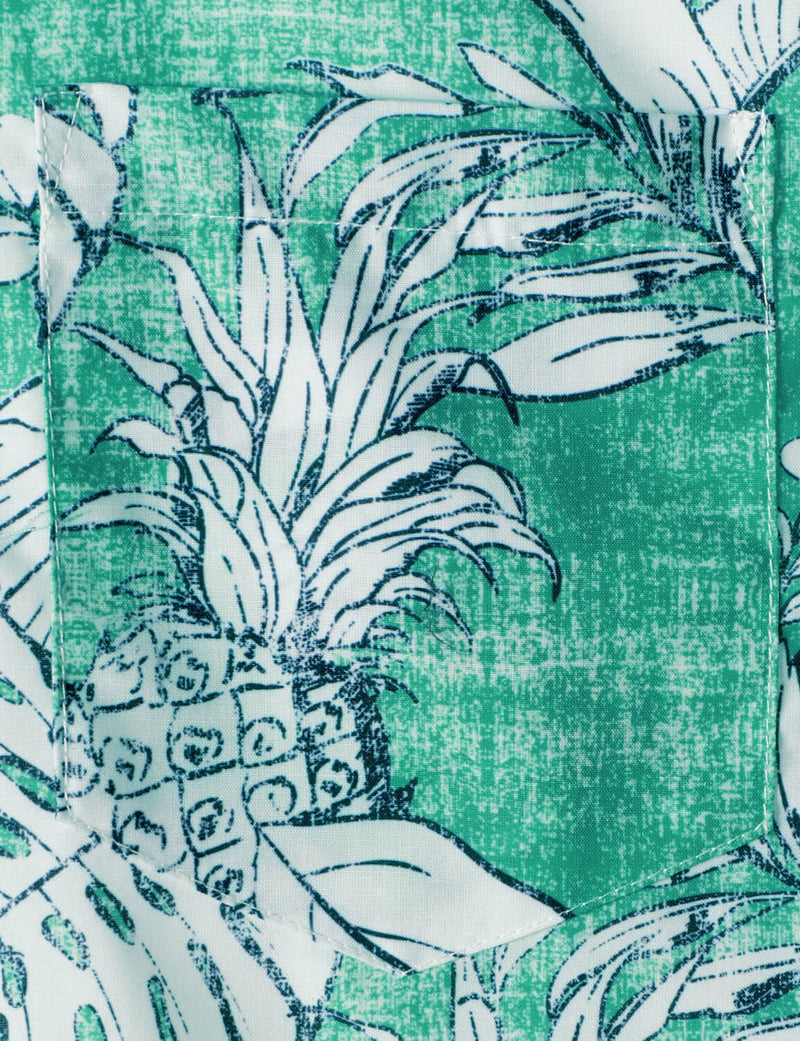 Homme Plage Tropical Ananas Imprimé Poche Cool Manches Courtes Chemise Hawaïenne Verte