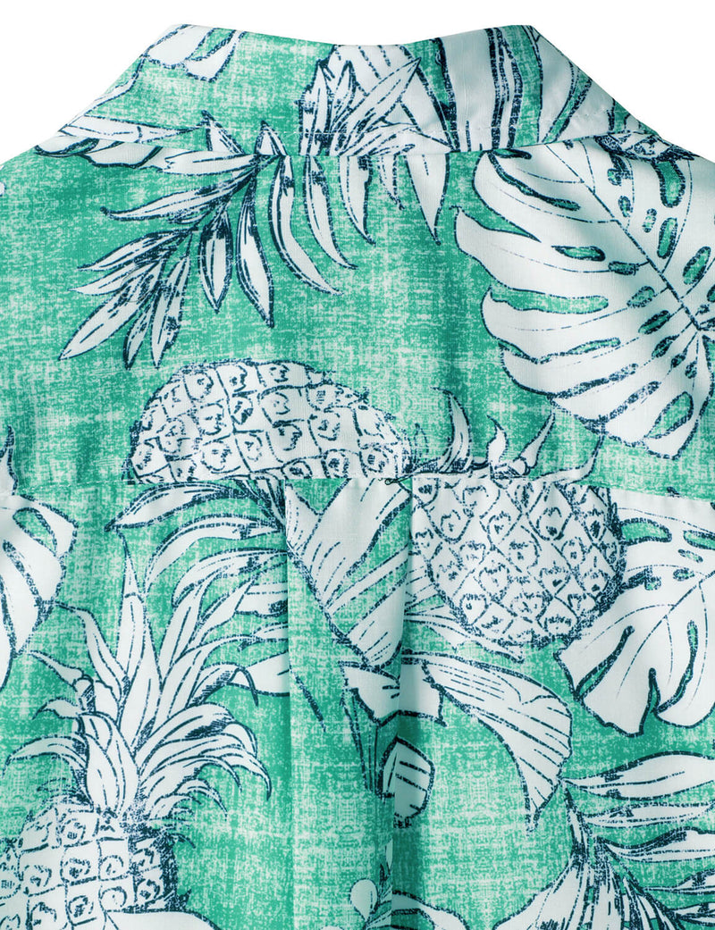 Homme Plage Tropical Ananas Imprimé Poche Cool Manches Courtes Chemise Hawaïenne Verte