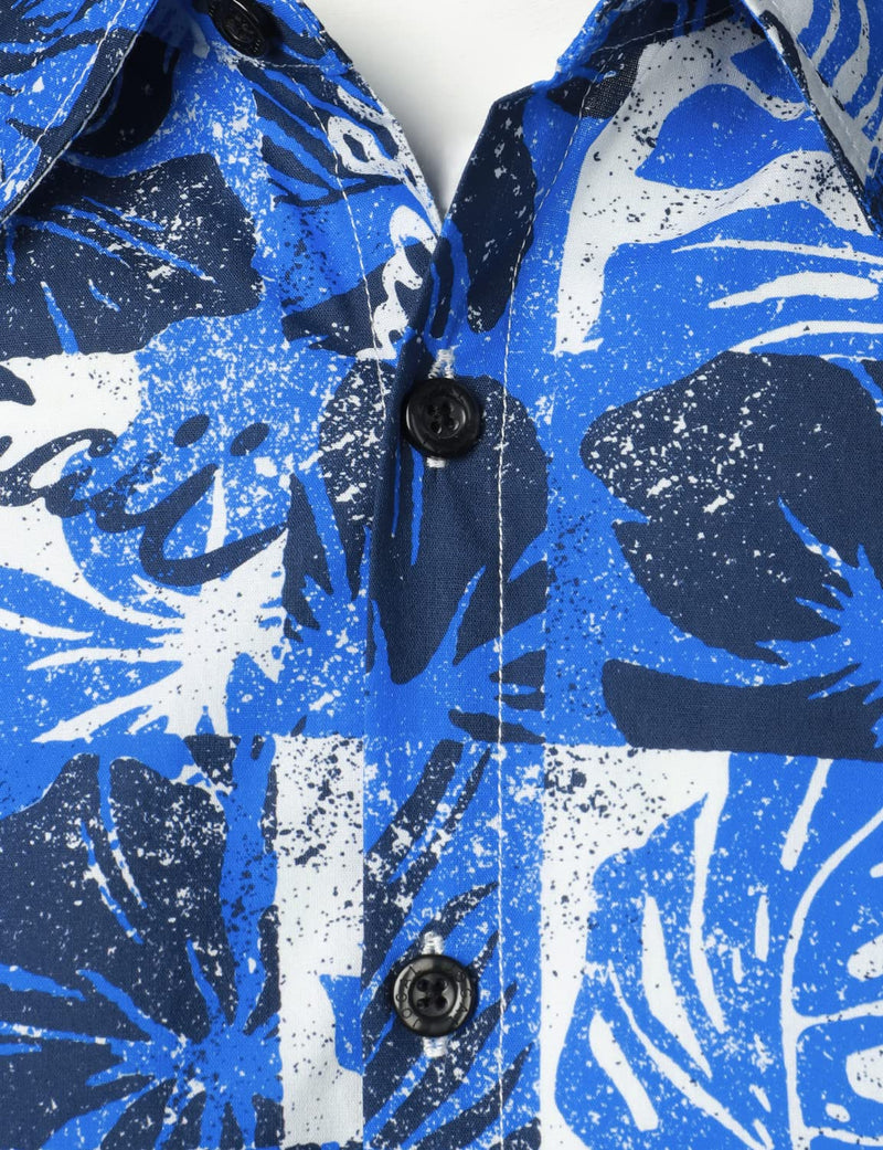 Chemise hawaïenne boutonnée en coton à manches courtes et imprimé tropical bleu pour homme