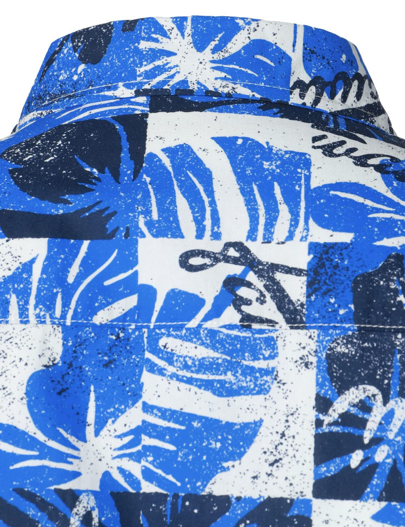 Chemise hawaïenne boutonnée en coton à manches courtes et imprimé tropical bleu pour homme