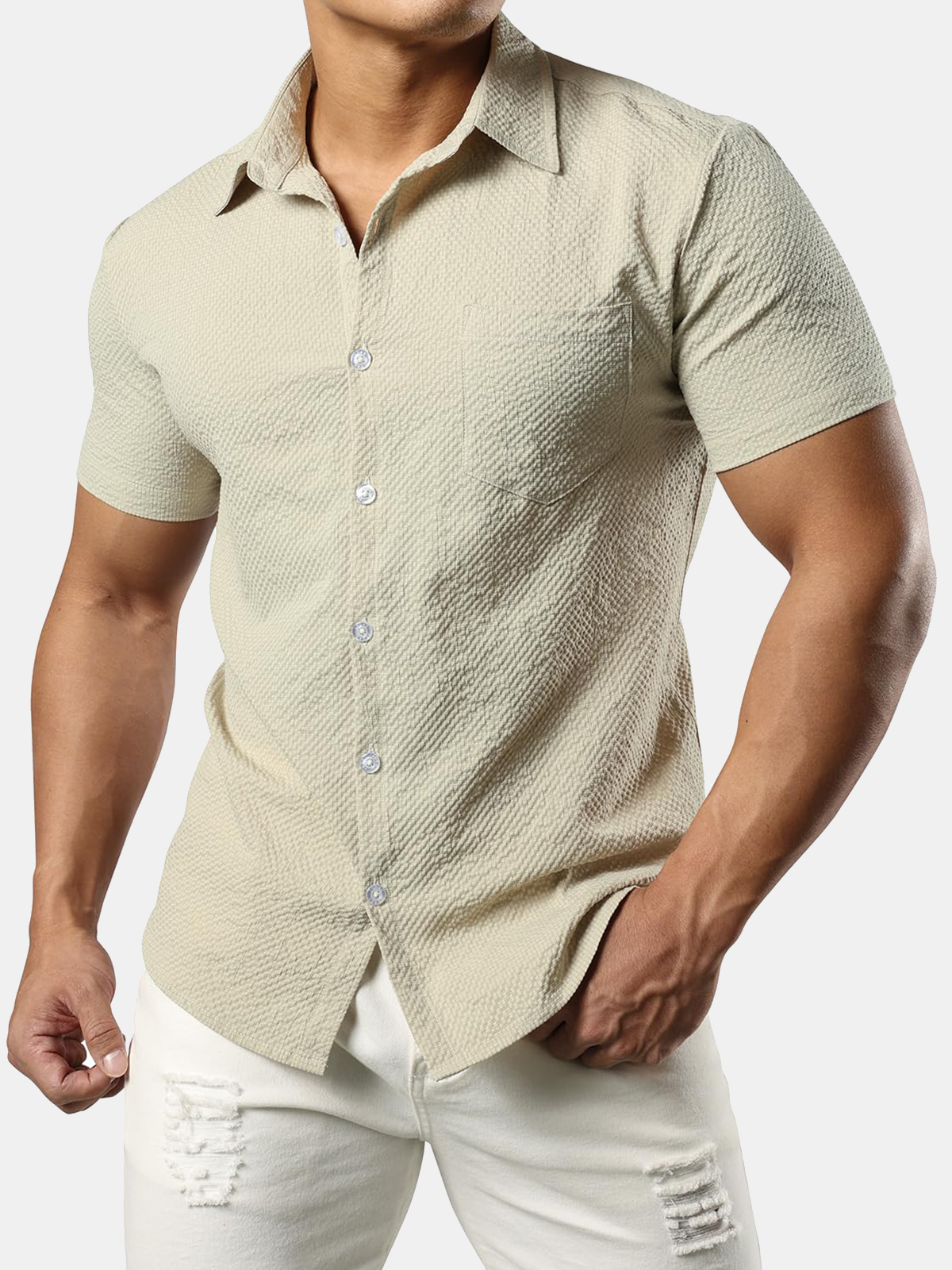 Chemise boutonnée décontractée à manches courtes d'été avec poche de plage pour hommes