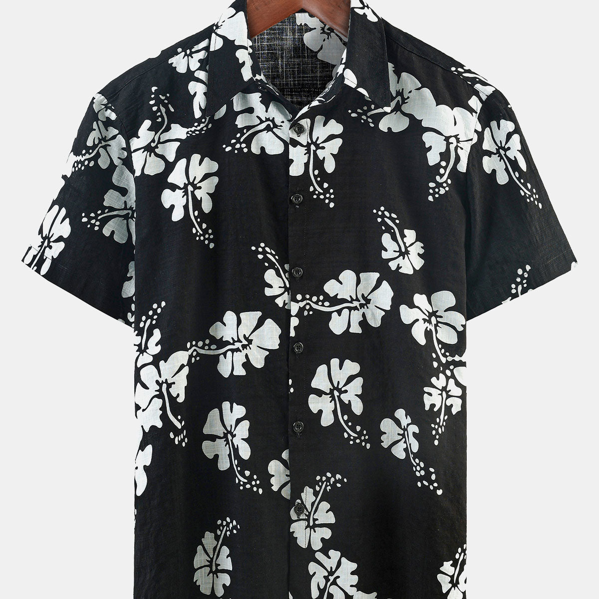 Chemise hawaïenne tropicale noire à manches courtes et boutons pour hommes