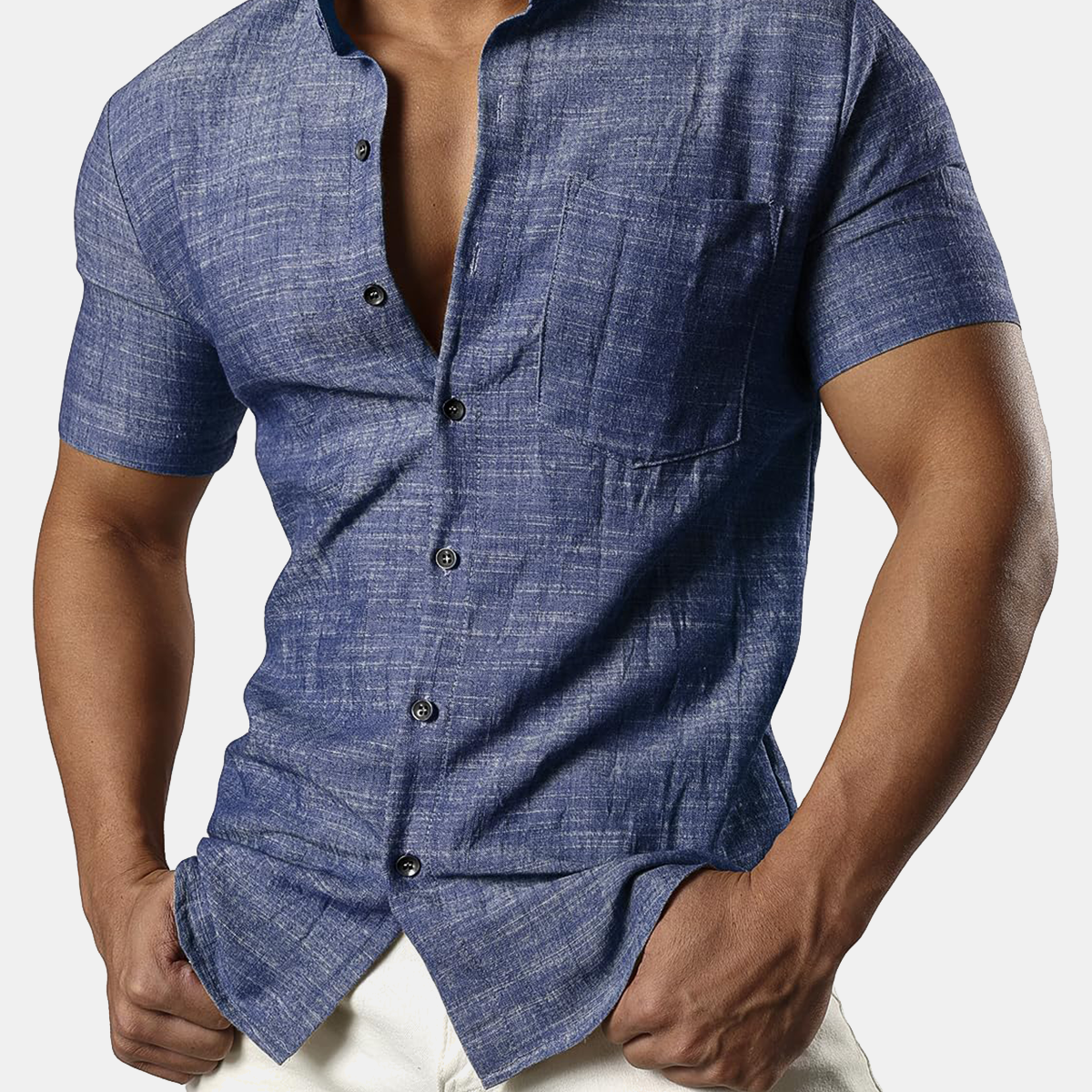 Chemise de plage hawaïenne décontractée en coton et lin avec poche Henley à manches courtes pour homme