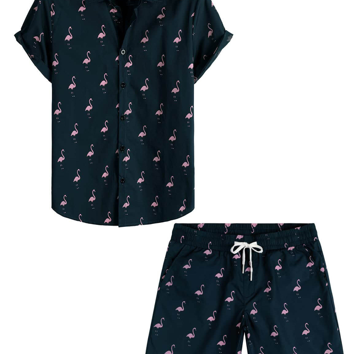 Ensemble chemise et short d'été en coton à boutons de plage Flamingo bleu pour hommes