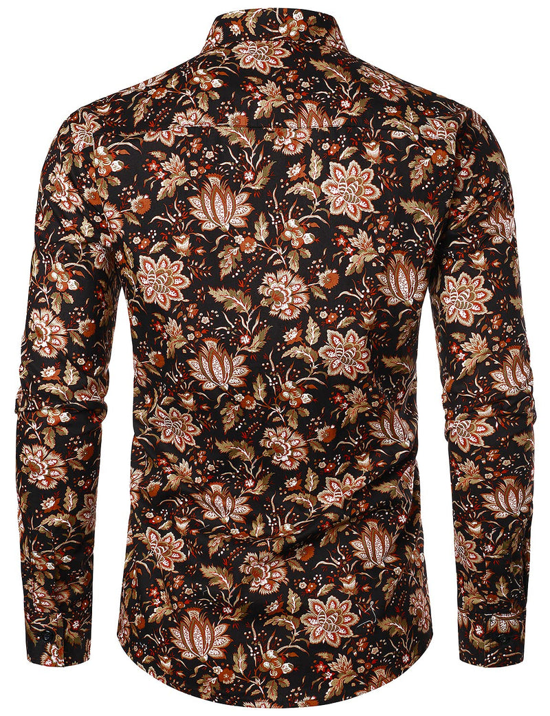 Chemise à manches longues pour hommes vintage en coton floral respirant rétro bouton de fleur à manches longues