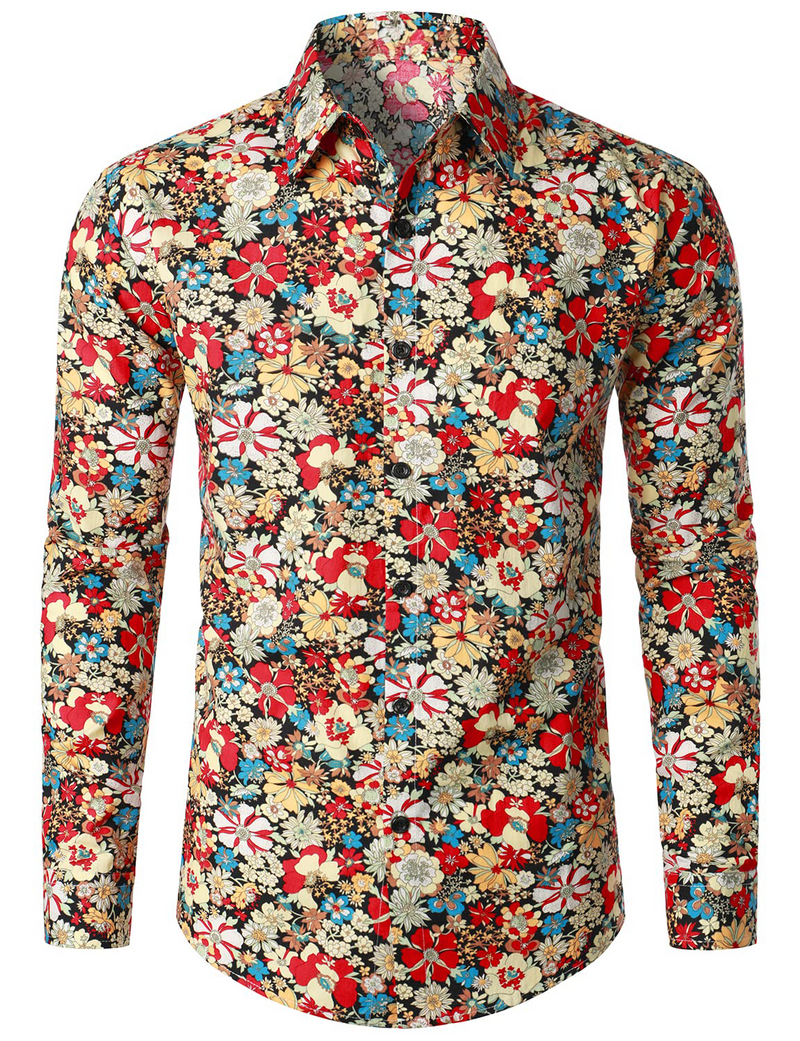 Chemise habillée à manches longues en coton à fleurs rétro respirante pour hommes