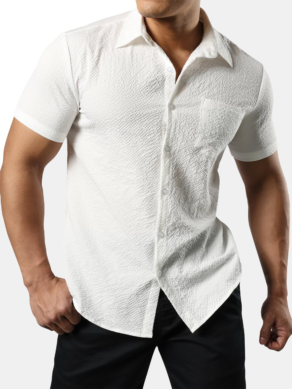 Chemise boutonnée décontractée à manches courtes d'été avec poche de plage pour hommes